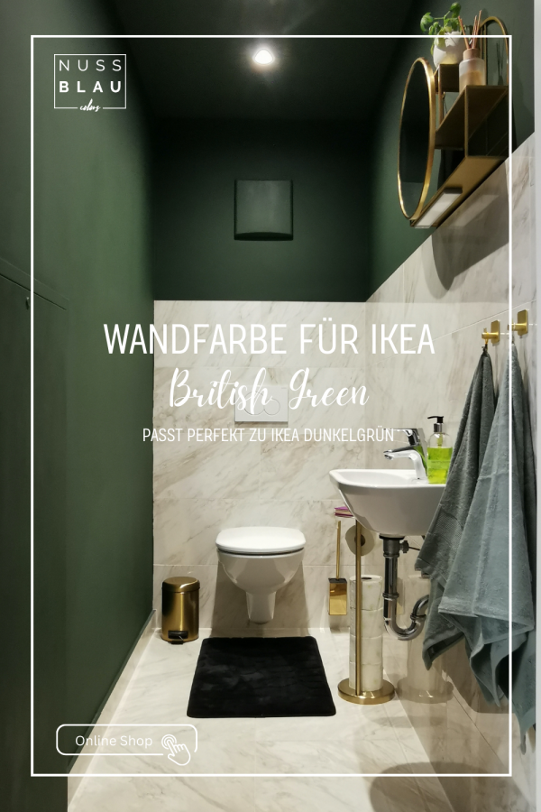 Badezimmer mit der NUSSBLAU Wandfarbe in British Green gestrichen