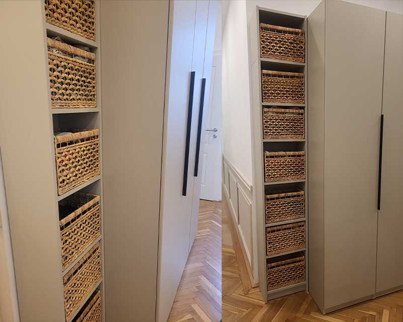 Pax in Graubeige mit Zusatzschrank in Sahara Beige gestrichen.